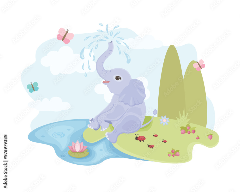 Naklejka premium A baby elephant swims on the shore of the lake. A children s illustration depicting a baby elephant sitting on the riverbank, against a blue sky background. The baby elephant splashes in the water.