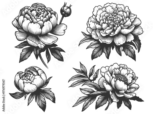 Fototapeta Naklejka Na Ścianę i Meble -  Set of blooming peonies with leaves. Tattoo design detailed floral sketch engraving generative ai raster illustration. Scratch board imitation. Black and white image.