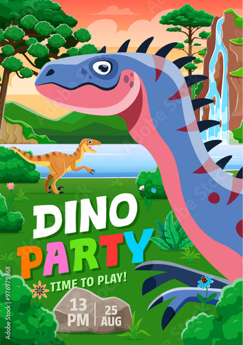 Kids party flyer with prehistoric cartoon dinosaurs. Vector dino-themed birthday holiday invitation poster template with funny alectrosaurus and velociraptor reptile characters near Jurassic waterfall