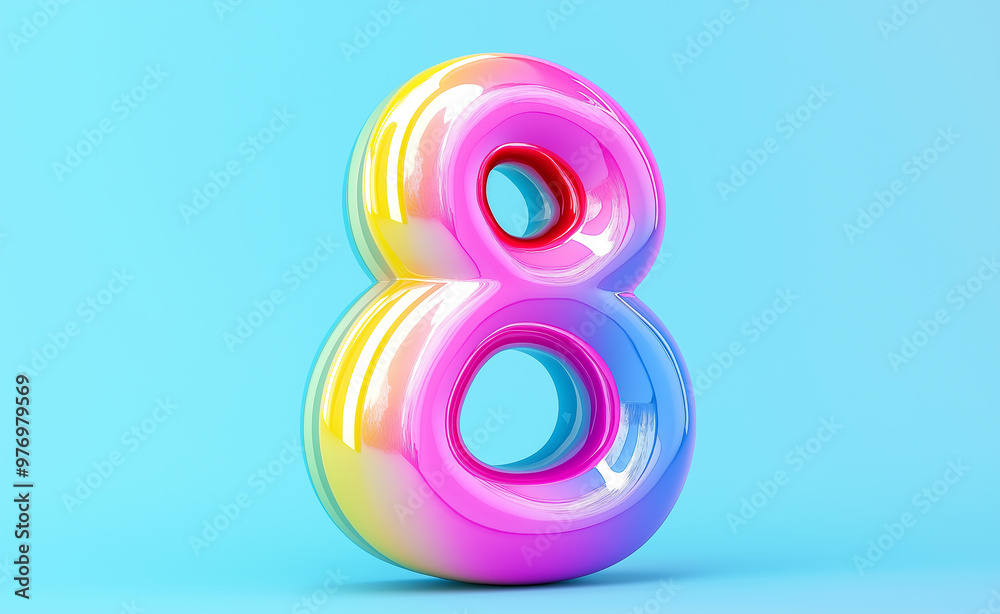 Obraz premium Glossy rainbow-colored number eight against a light blue background.
