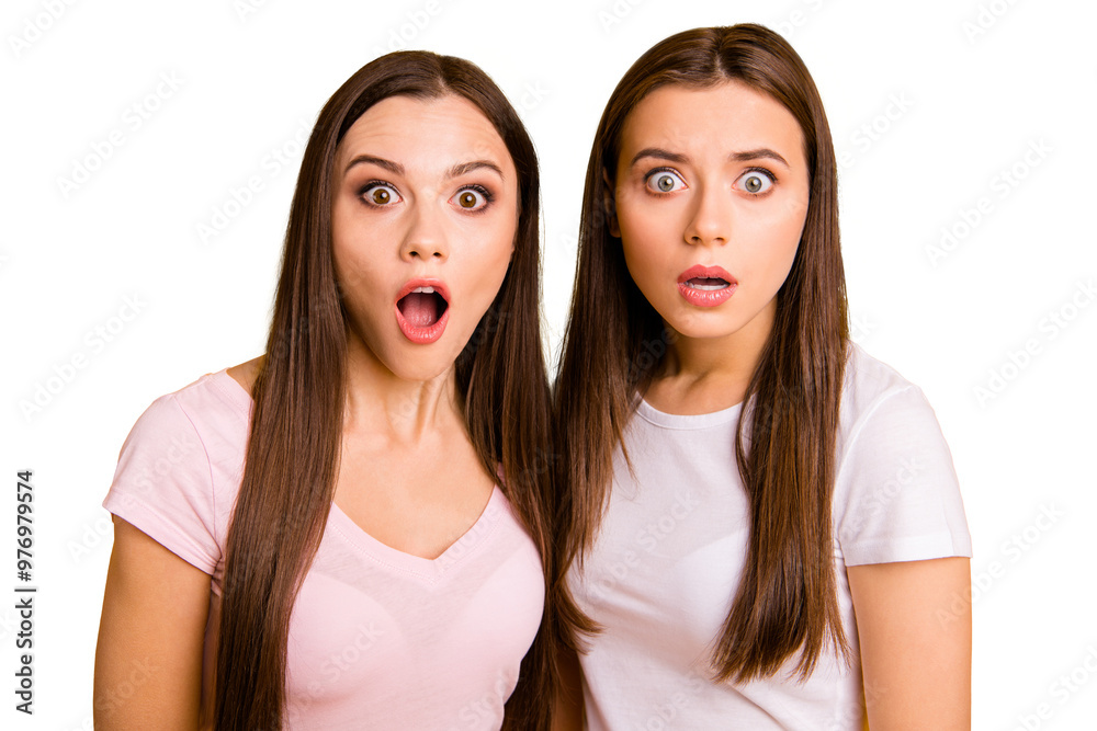 Close up photo two people beautiful funky funny she her ladies models open mouth eyes full fear not believe bad news information wear white pink casual t-shirts isolated yellow background Close up photo two people beautiful funky funny she her ladies models open mouth eyes full fear not believe bad news information wear white pink casual t-shirts isolated yellow background