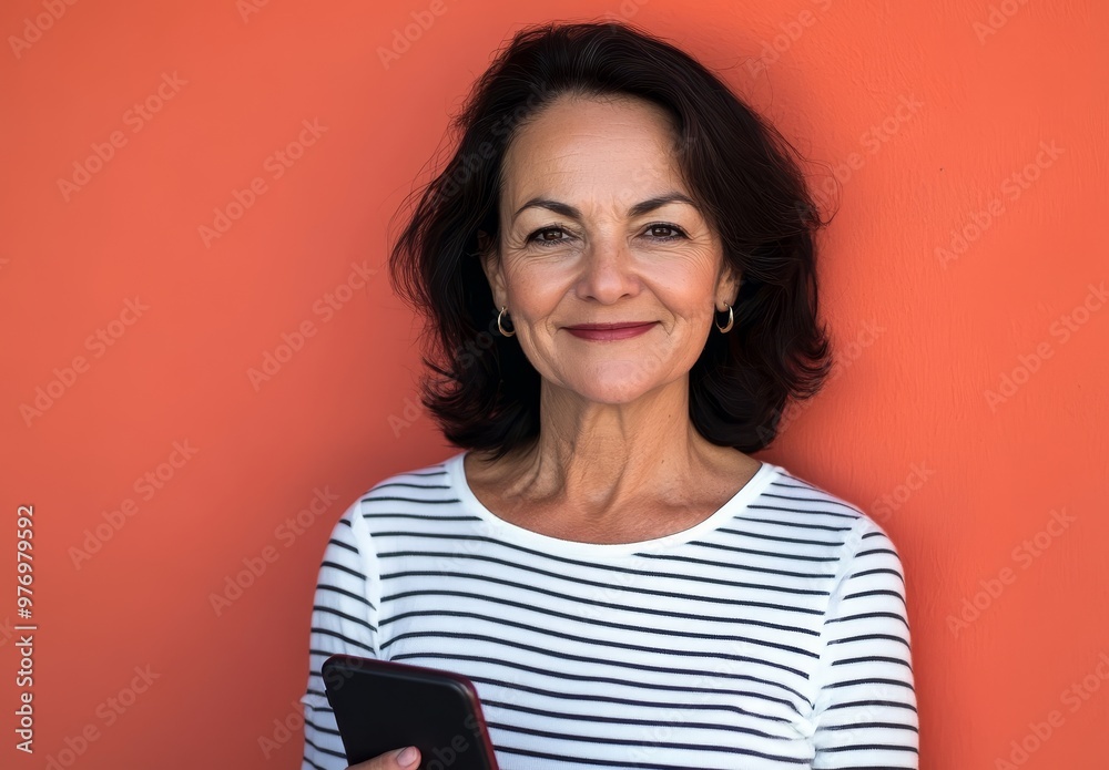 In this portrait, a smiling, confident woman is using a smart phone in front of a red background In this portrait, a smiling, confident woman is using a smart phone in front of a red background