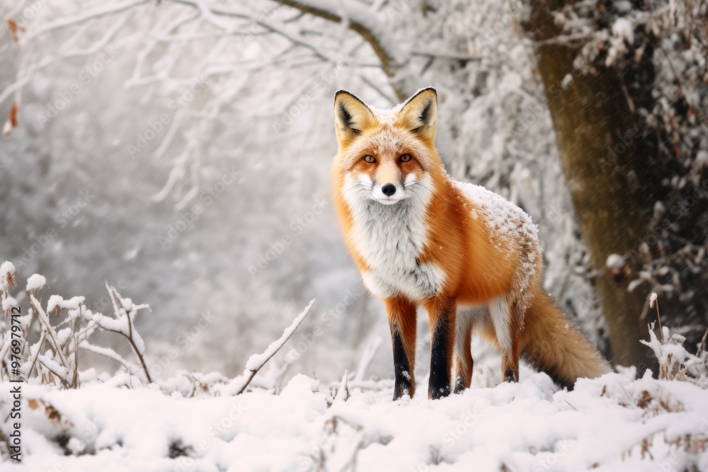 Fox standing alert in a snow-covered forest, embodying wild animals in winter Fox standing alert in a snow-covered forest, embodying wild animals in winter