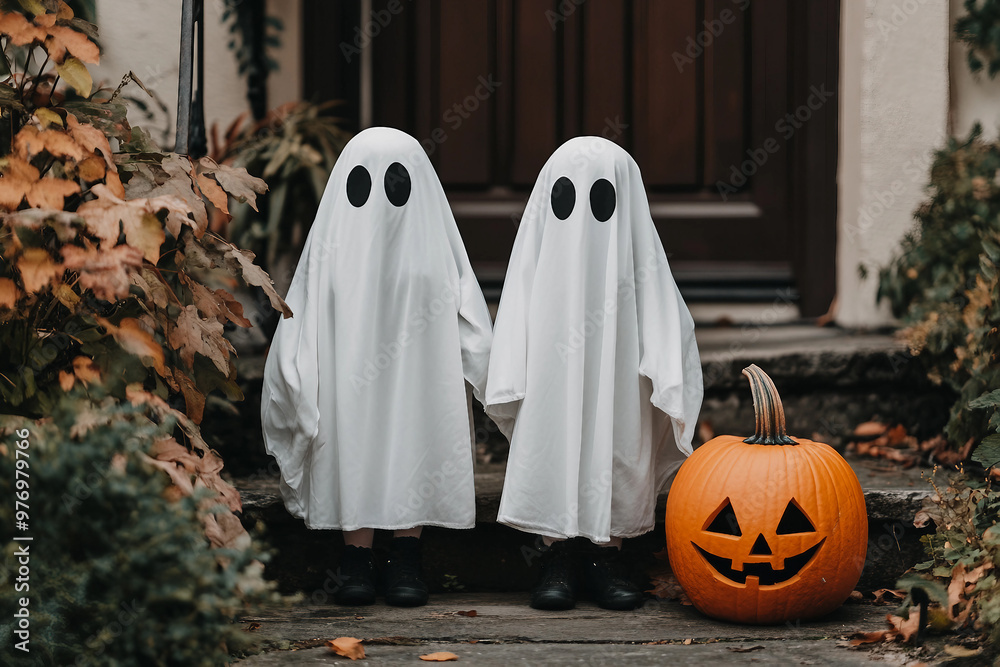 Funny people kids animals wearing halloween ghost costume celebrating, Generative AI Funny people kids animals wearing halloween ghost costume celebrating, Generative AI