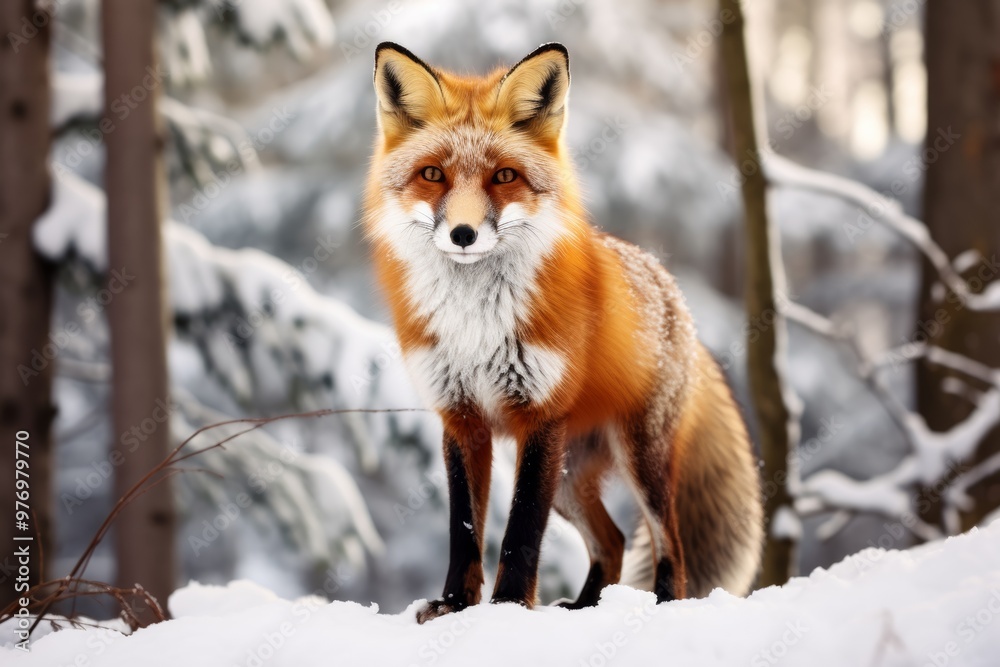 Fox standing alert in a snow-covered forest, embodying wild animals in winter