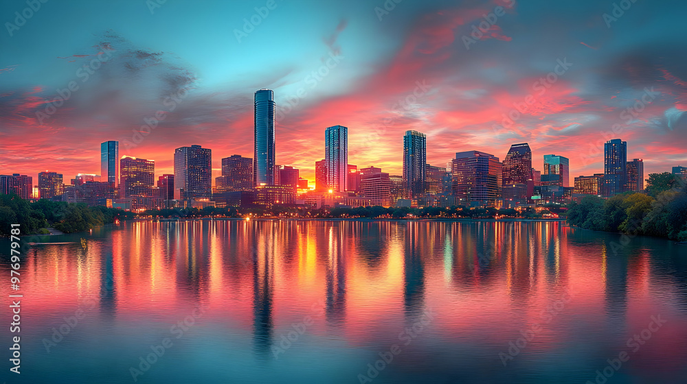 Fototapeta premium A stunning panoramic view of a city skyline with a vibrant, colorful sunset reflecting in the water.