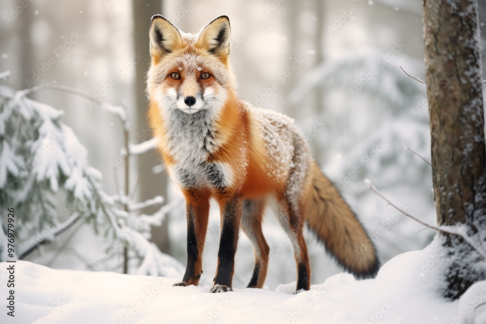 Fox standing alert in a snow-covered forest, embodying wild animals in winter Fox standing alert in a snow-covered forest, embodying wild animals in winter