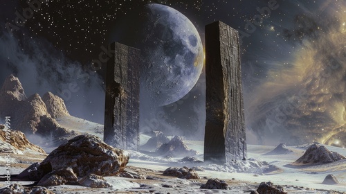 Futuristic alien landscape with monolithic structures, distant planets, and starry skies. Perfect for sci-fi and fantasy enthusiasts.