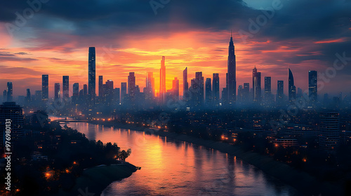 A stunning panoramic view of a modern city skyline at sunrise, with skyscrapers silhouetted against a fiery sky and a river winding through the city.