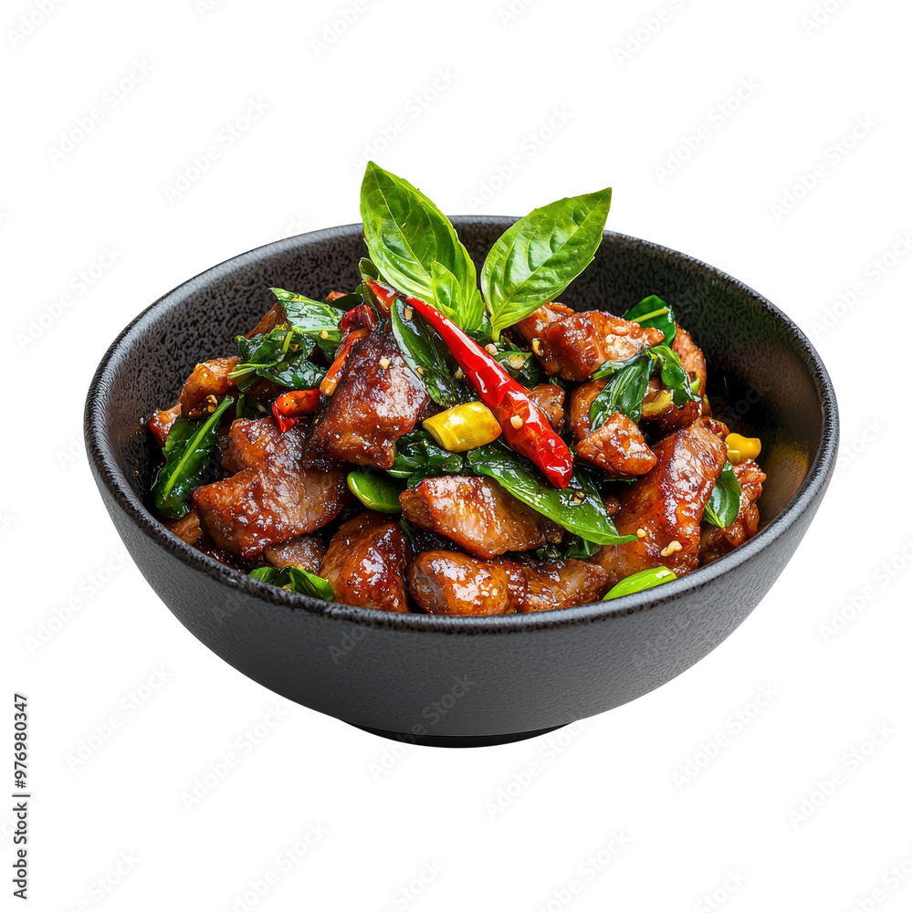 Spicy stir fried meat and vegetables in a black bowl with herbs Spicy stir fried meat and vegetables in a black bowl with herbs