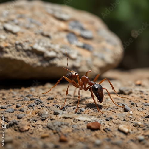 Strong ant pushing big rock