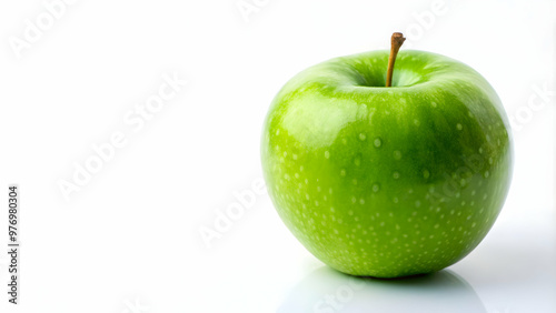 Close-up of a crisp, vibrant green apple against a white background, apple, fruit, healthy, fresh, organic, nutrition, snack, ripe