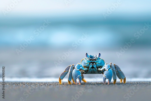 Generated with AI image of tropical summer landscape crab on sandy beach photo