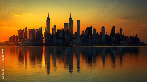 A stunning silhouette of the New York City skyline at sunrise, with the city reflected in the calm waters of the East River.