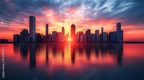 A stunning sunrise casts a warm glow over the Chicago skyline, with the sun peeking out behind the skyscrapers and reflecting on the calm water.