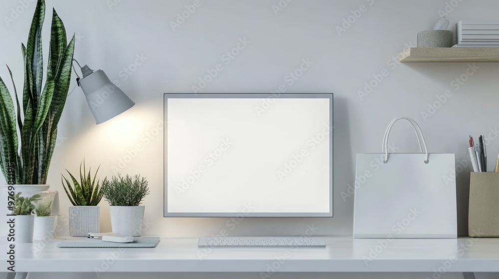 Minimalist Home Office Desk with Computer, Plants, and Shopping Bag Minimalist Home Office Desk with Computer, Plants, and Shopping Bag