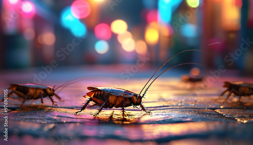 Neon Night Crawlers: Close-Up of Cockroaches in a Vibrant Cityscape
