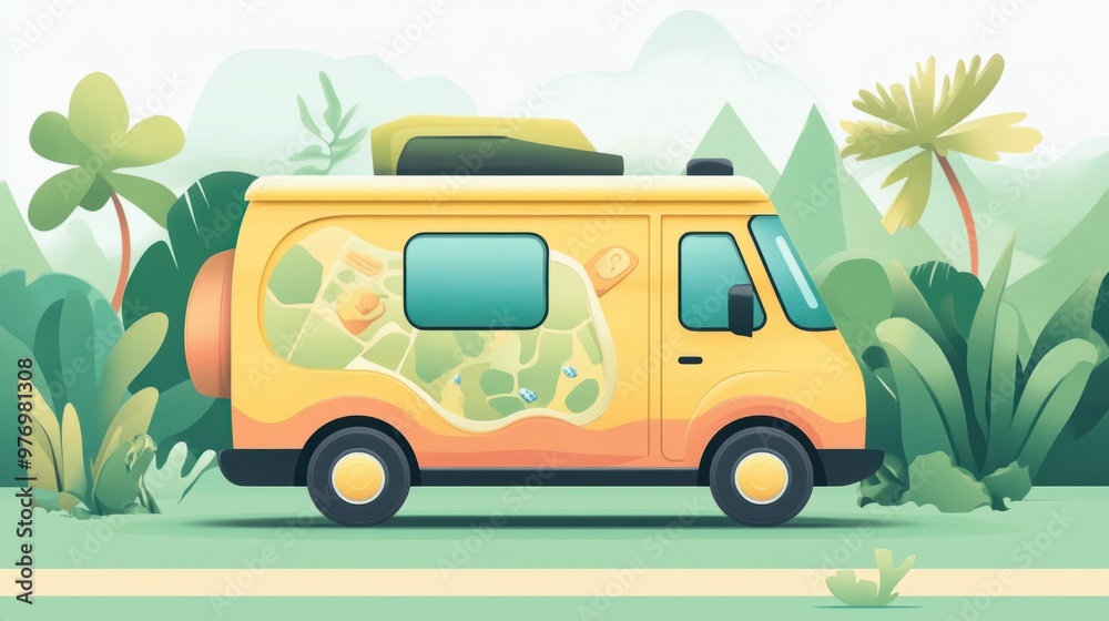 Obraz premium A bright, playful cartoon tour van with exaggerated windows and a big map icon on the side, driving toward adventure.