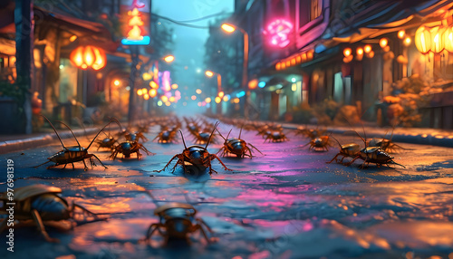Neon Night Crawlers: Close-Up of Cockroaches in a Vibrant Cityscape