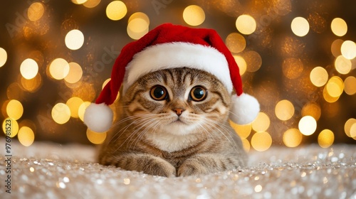 Cute Tabby Cat Wearing Santa Hat on Magical Bokeh Background. Christmas Greeting Card.