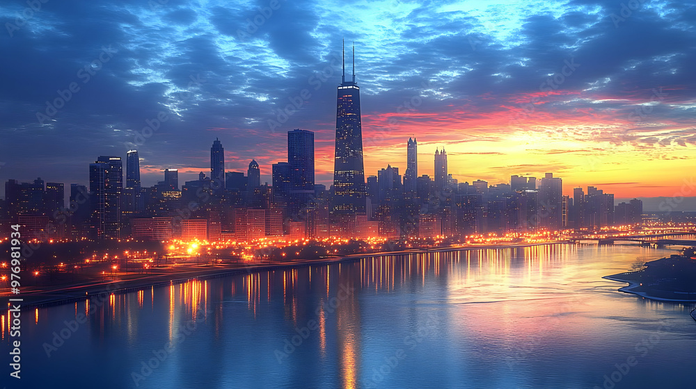 Naklejka premium A stunning sunrise over the Chicago skyline with the city's iconic skyscrapers silhouetted against the colorful sky. The water reflects the glow of the city lights and the rising sun.