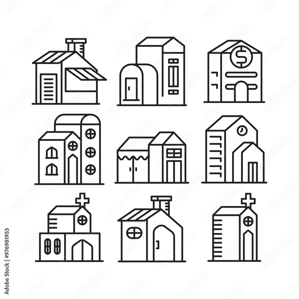 house building and edifice tower icons set vector illustration house building and edifice tower icons set vector illustration