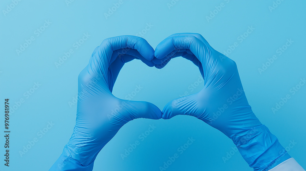 Obraz premium Hands wearing medical gloves forming a heart shape on a blue background.