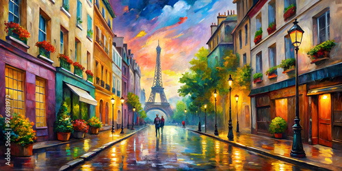 Fototapeta Naklejka Na Ścianę i Meble -  Paris street painted with a palette knife in vibrant colors, oil painting, Paris, street, landscape, palette knife, vibrant
