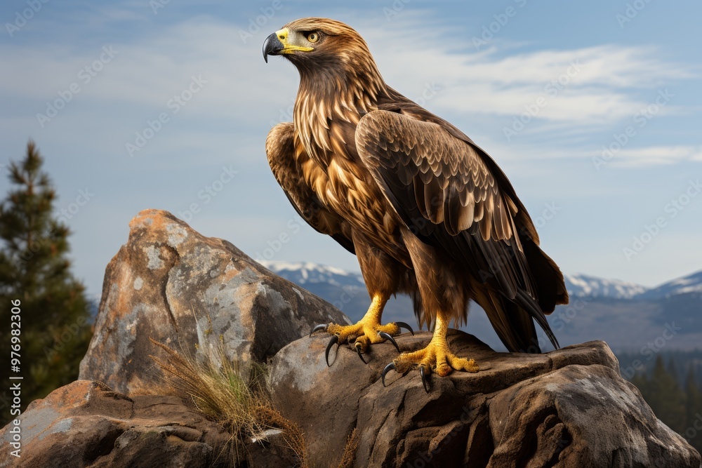 Golden eagle perched on a rocky outcrop, surveying its mountainous territory under a bright blue sky Golden eagle perched on a rocky outcrop, surveying its mountainous territory under a bright blue sky