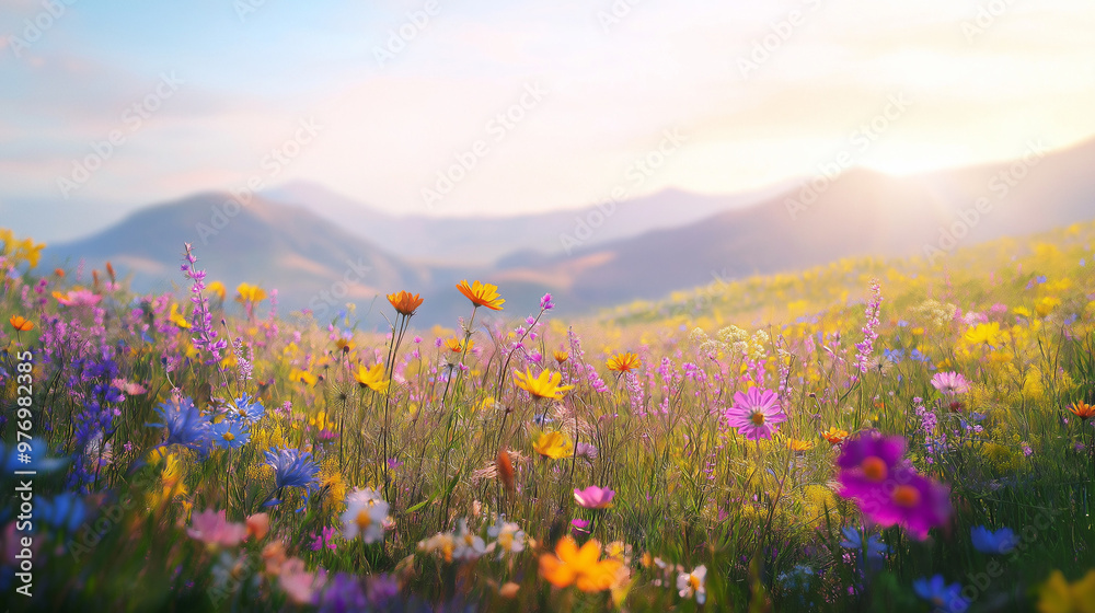 Obraz premium A vibrant field of wildflowers blooming in various colors like purple, yellow, and pink meadow is bathed in soft sunlight with rolling hills in the background