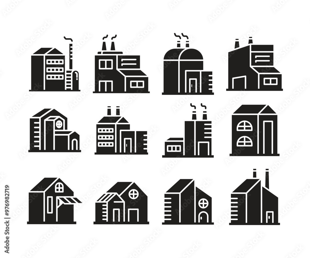 building tower, edifice and factory icons set building tower, edifice and factory icons set