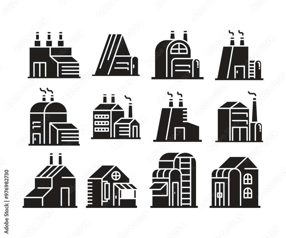 building tower, edifice and factory icons set building tower, edifice and factory icons set