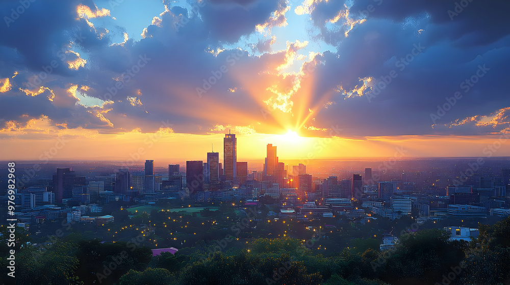 Fototapeta premium A stunning sunset casts a golden glow over a city skyline, with clouds creating a dramatic backdrop.