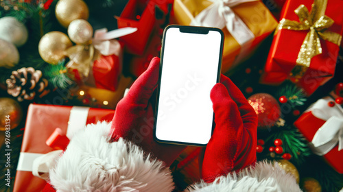 A man in a Santa costume holds a mobile phone with a white screen in his hands with red gloves. Phone mockup on the background of Christmas gifts. Mobile app advertising