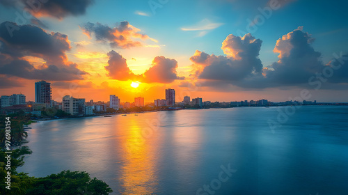 A stunning sunset over a city skyline and ocean with clouds reflecting in the water.