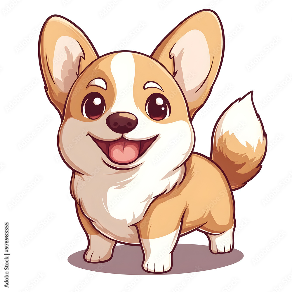 Adorable Chibi Style Corgi Puppy with Wagging Tail in Pastel Colors on Simple White Background