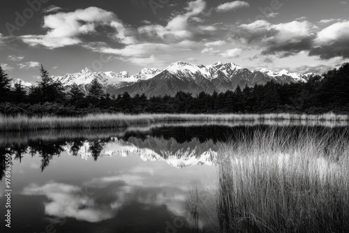 Lake Matheson, Fox Glacier, and mountains shrouded in fog at dawn in New Zealand's Westland District photo