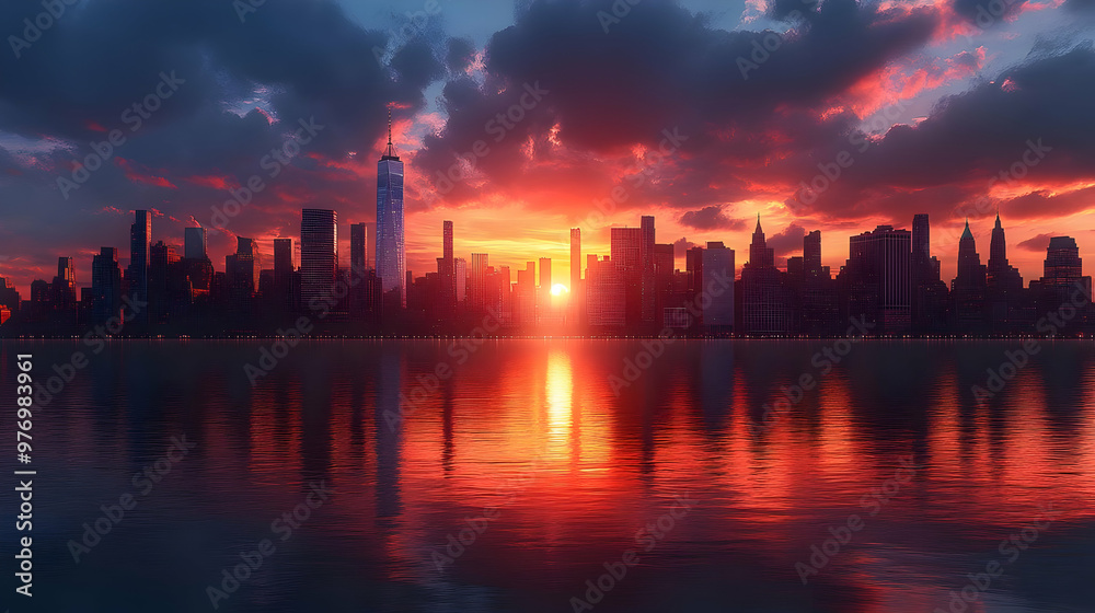 A stunning sunset over a cityscape with a reflection in the water. A stunning sunset over a cityscape with a reflection in the water.