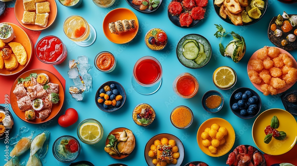 A Colorful Spread of Appetizers and Drinks on a Blue Tabletop A Colorful Spread of Appetizers and Drinks on a Blue Tabletop