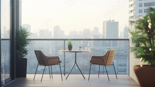 modern living room. A contemporary apartment with an open balcony overlooking a cityscape space has a small table with two chairs, and potted plants add a touch of greenery