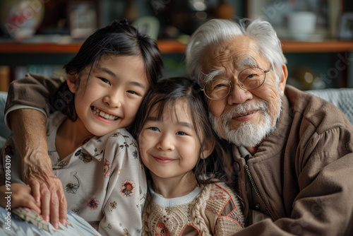 Happy Asian Grandfather and Smiling Granddaughters Embracing Indoors