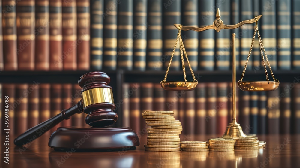 Close-up of a judge's gavel and stacks of golden coins on a wooden table Close-up of a judge's gavel and stacks of golden coins on a wooden table