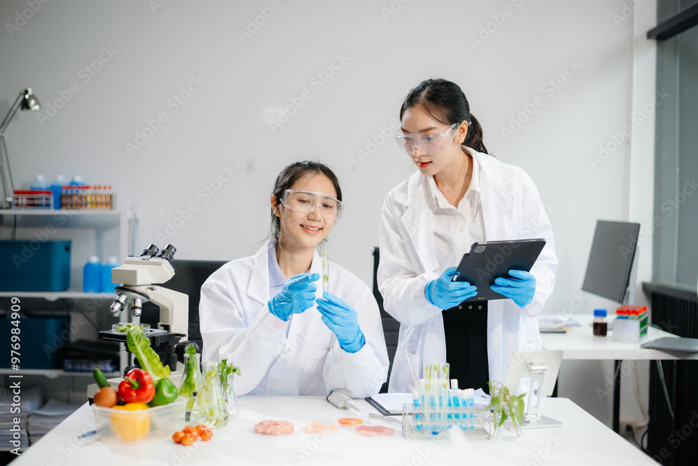 Two Asian scientists in a lab conducting food research using a microscope and lab equipment, showcasing innovation in food science Two Asian scientists in a lab conducting food research using a microscope and lab equipment, showcasing innovation in food science