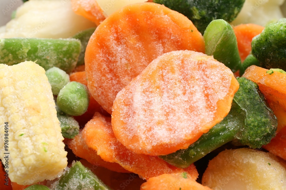 Mix of different frozen vegetables as background, closeup Mix of different frozen vegetables as background, closeup