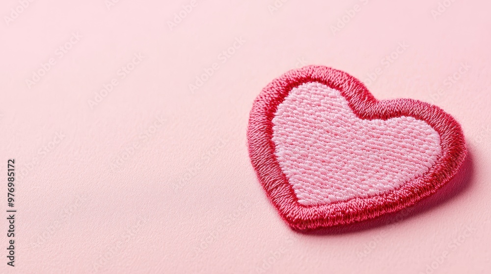 Fototapeta premium Pink and Red Embroidered Heart on Pastel Pink Background