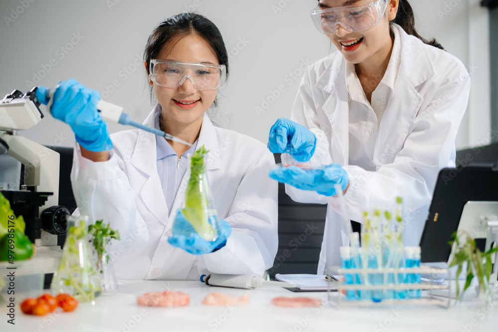 Food scientists in lab coats, testing samples, and analyzing food safety and quality Food scientists in lab coats, testing samples, and analyzing food safety and quality