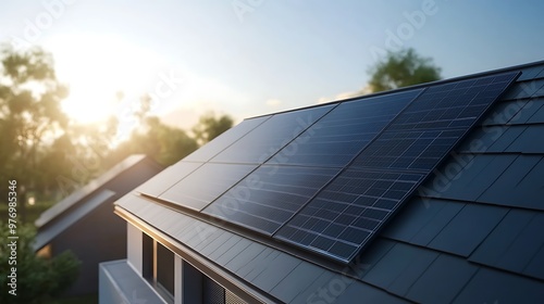 Solar Panels on a Modern House Roof