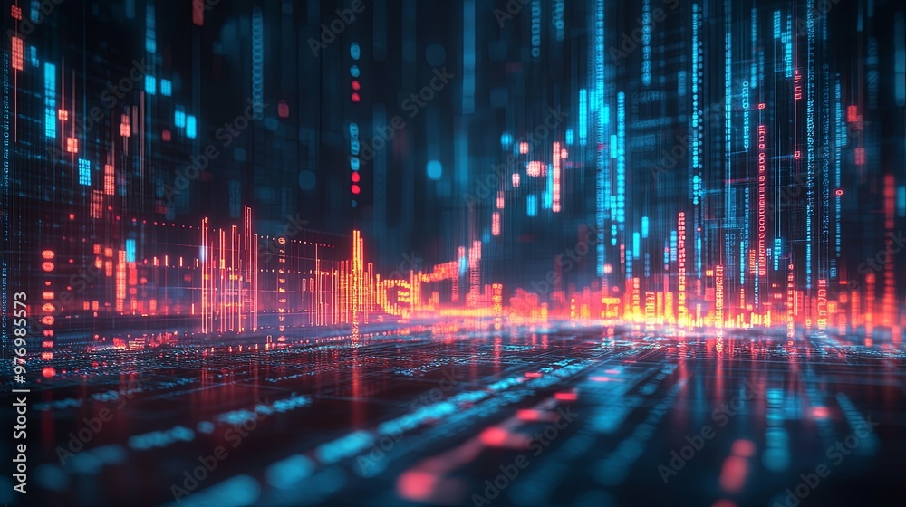 Fototapeta premium Abstract digital cityscape with red and blue glowing lines and data