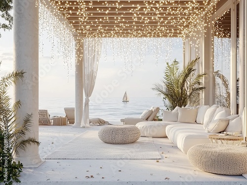 A 3D render of a wooden house terrace on the beach has old wood floors, white plank walls, blue doors decorated with fabric and rattan furniture, and string lights over the balcony.