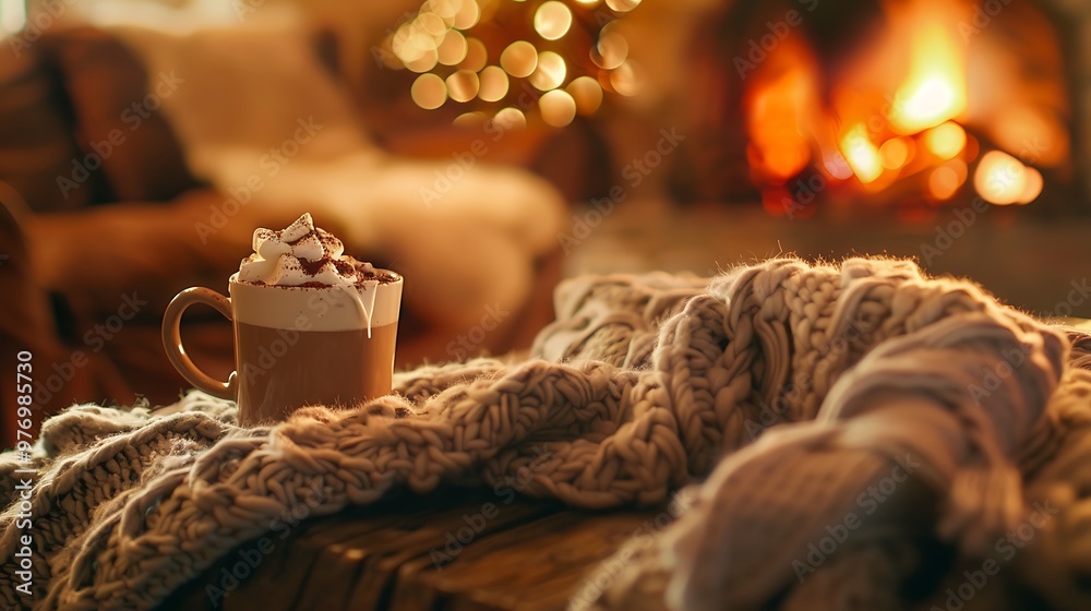 Cold cocoa in a vessel lying on a table draped in a woolly scarf in a cozy living room with an open fire Cold cocoa in a vessel lying on a table draped in a woolly scarf in a cozy living room with an open fire